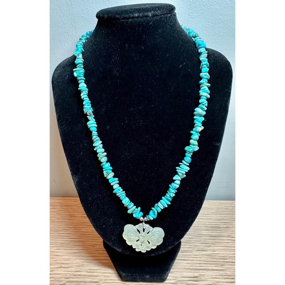 Vtg 925 Sterling Silver Turquoise Chip Necklace Carved Nephrite Jade Butterfly
